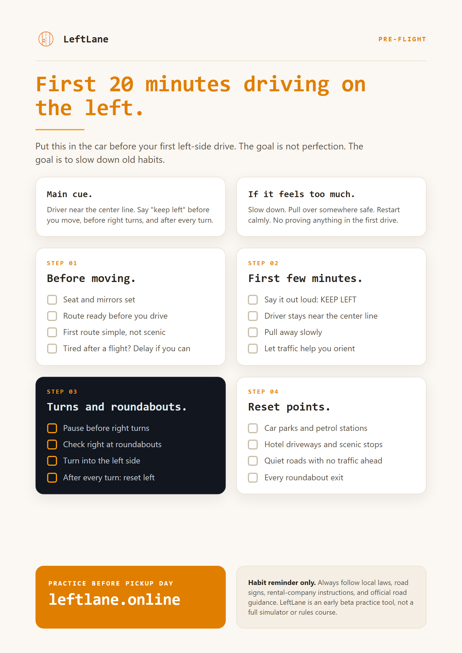 Printable checklist for the first 20 minutes driving on the left, with reminders to keep left, pause before right turns, check right at roundabouts, and reset after every turn.