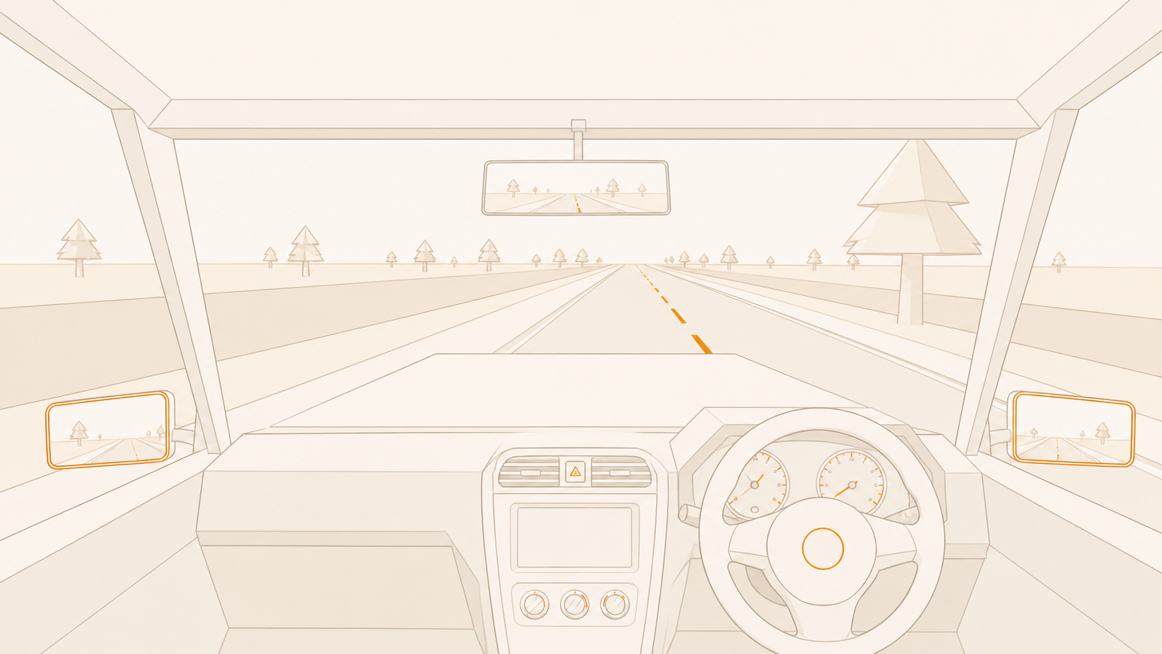 View from the right-hand-drive driver's seat looking down an empty left-side road