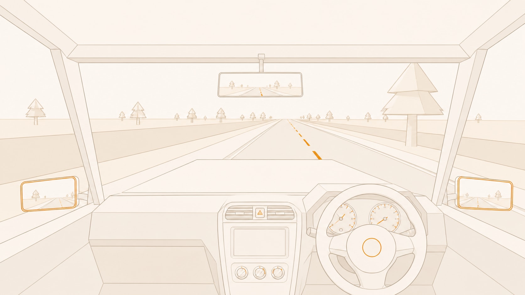 View from the right-hand-drive driver's seat looking down an empty left-side road
