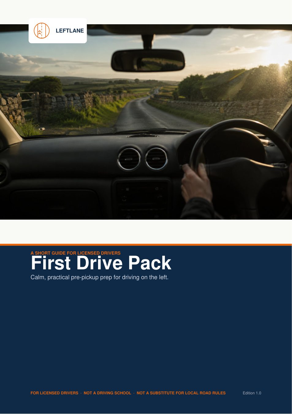 Cover of the LeftLane First Drive Pack — a short guide for licensed drivers driving on the left.