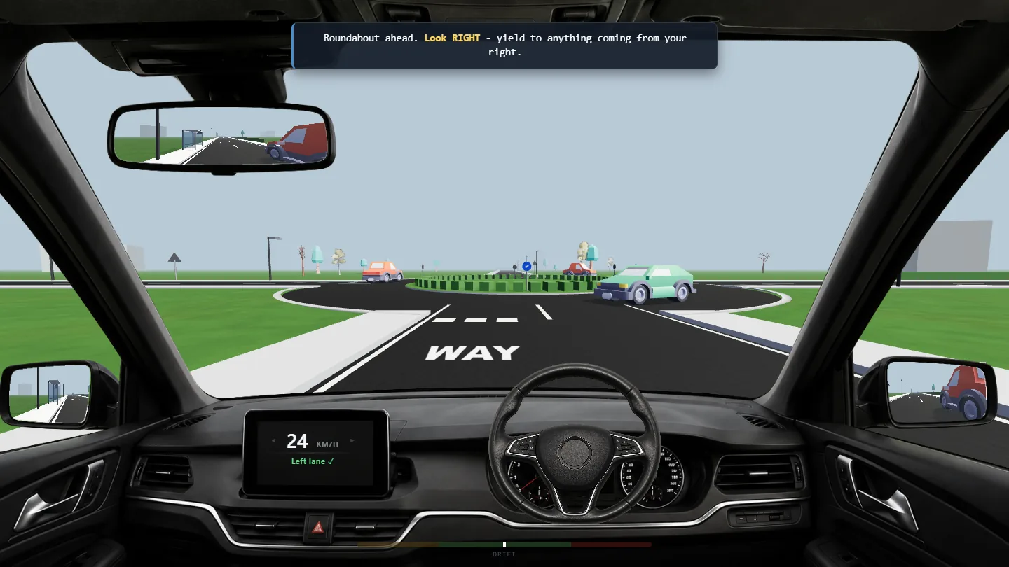 Driver's view in the LeftLane simulator, approaching a clockwise roundabout in the left lane of a right-hand-drive car. A car on the roundabout is coming from the right, the on-screen prompt says to look right and yield, and the dashboard reads 24 km/h and Left lane.
