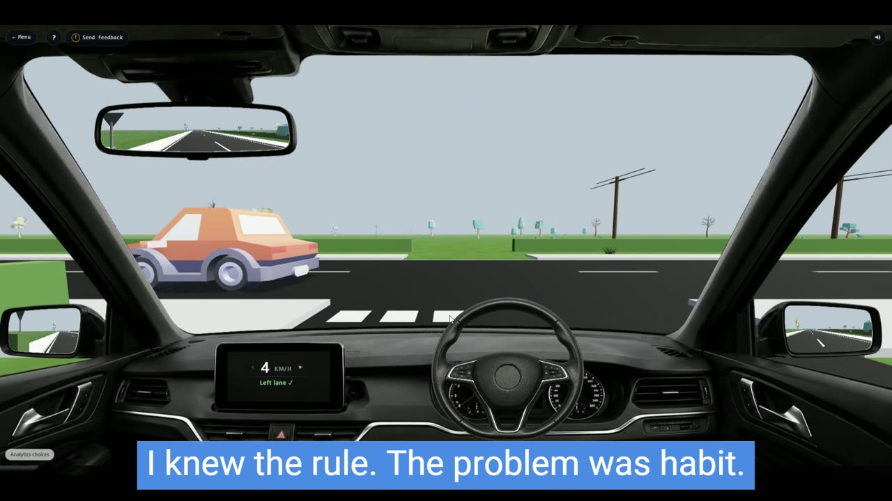 Driver's view from a right-hand-drive car at a junction as another car crosses ahead, with the on-screen caption: I knew the rule. The problem was habit.